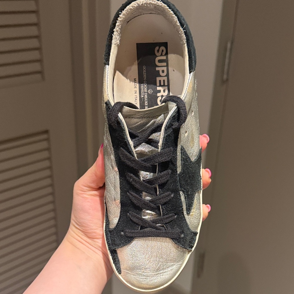 Golden Goose White and Black Superstar Sneakers - Picture 4 of 9